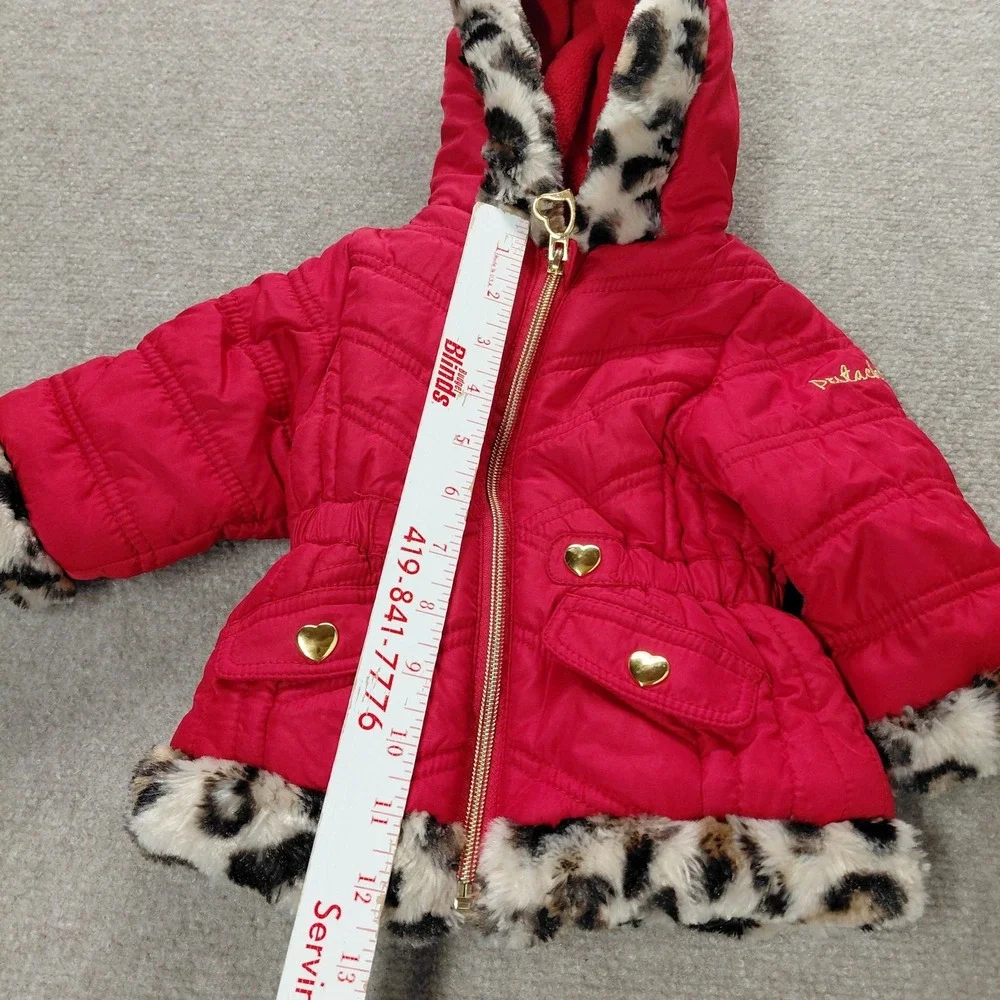 Pistachio Red Jacket Winter Coat with Leopard Faux Fur Trim Baby Girl 9M
